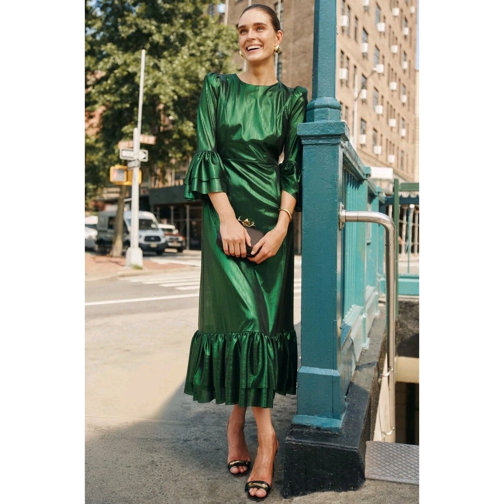 Pomander Place Lillith Dress S Emerald Green Crinkle Lurex Maxi NWT